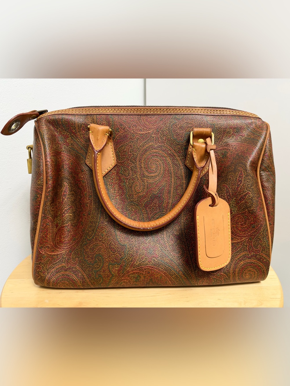 Etro Multicolor Paisley Bag with Tan Leather Trim